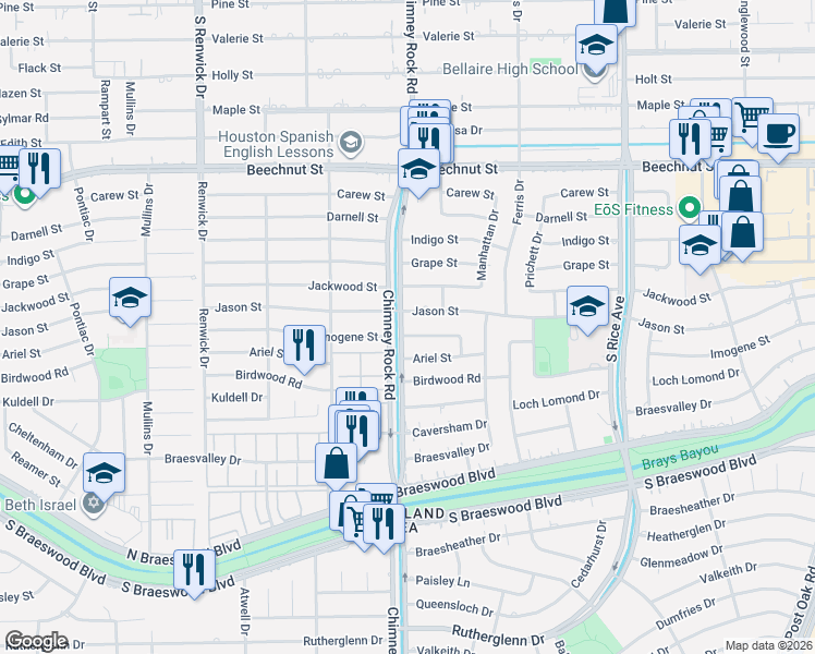 map of restaurants, bars, coffee shops, grocery stores, and more near 5246 Imogene Street in Houston