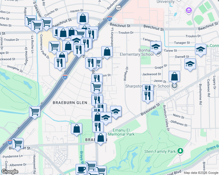 map of restaurants, bars, coffee shops, grocery stores, and more near 8488 Ariel Street in Houston