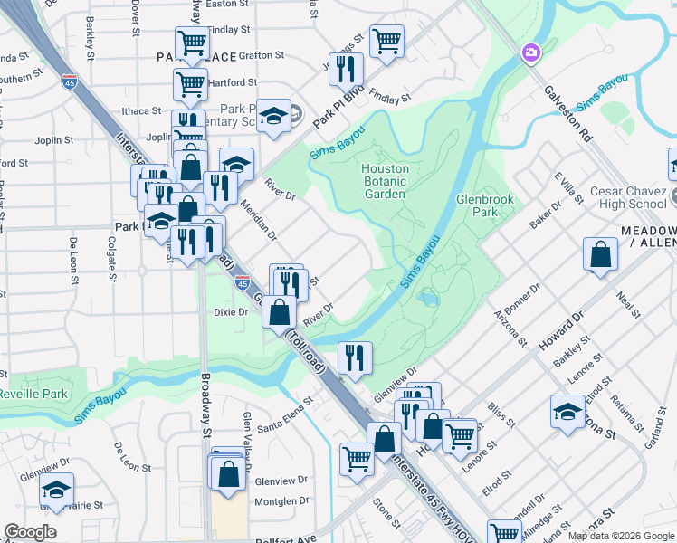 map of restaurants, bars, coffee shops, grocery stores, and more near 8150 Ogden Street in Houston