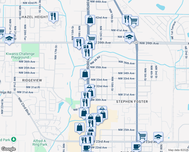 map of restaurants, bars, coffee shops, grocery stores, and more near 1235 Northwest 33rd Place in Gainesville
