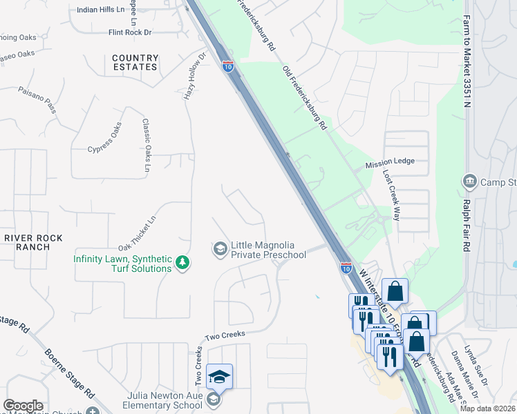 map of restaurants, bars, coffee shops, grocery stores, and more near 25726 Two Springs in San Antonio