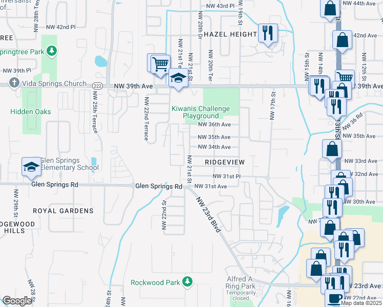 map of restaurants, bars, coffee shops, grocery stores, and more near 2060 Northwest 33 Avenue in Gainesville