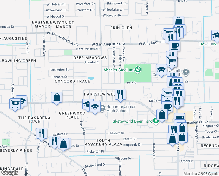 map of restaurants, bars, coffee shops, grocery stores, and more near 1117 Brookhollow Drive in Deer Park