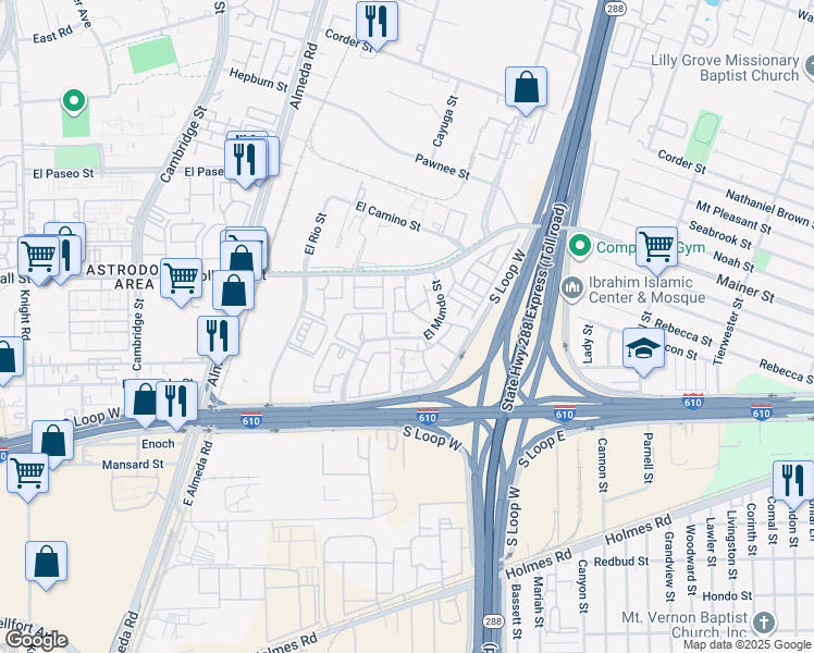 map of restaurants, bars, coffee shops, grocery stores, and more near 8383 El Mundo Street in Houston