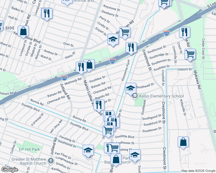 map of restaurants, bars, coffee shops, grocery stores, and more near 5425 Chennault Road in Houston
