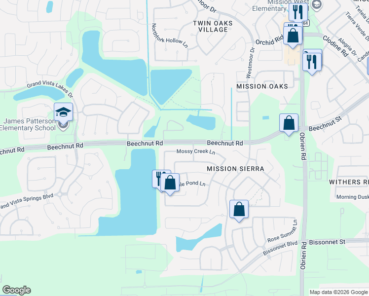 map of restaurants, bars, coffee shops, grocery stores, and more near 18226 Mossy Creek Lane in Richmond