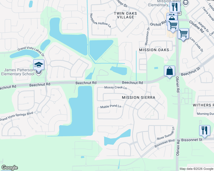map of restaurants, bars, coffee shops, grocery stores, and more near 18226 Mossy Creek Lane in Richmond