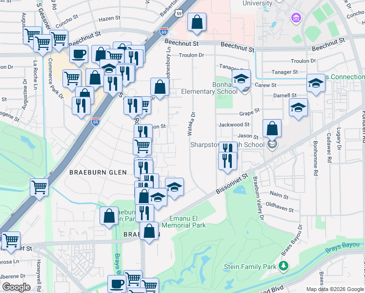 map of restaurants, bars, coffee shops, grocery stores, and more near 8802 Wateka Dr in Houston