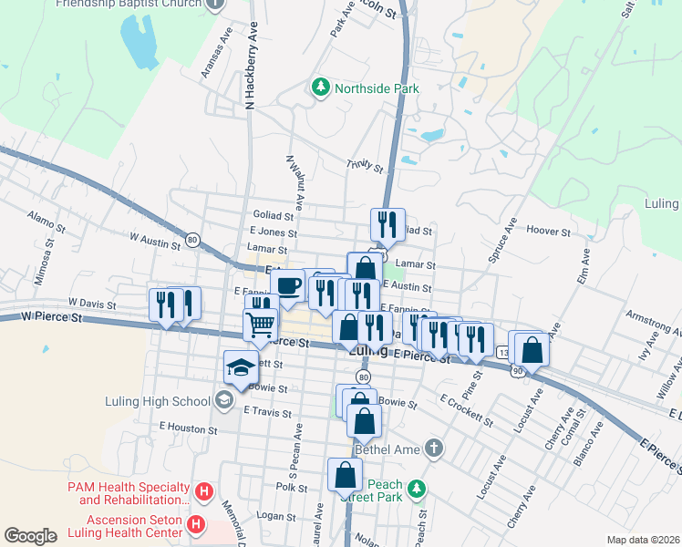 map of restaurants, bars, coffee shops, grocery stores, and more near 527 East Austin Street in Luling
