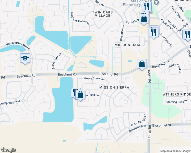 map of restaurants, bars, coffee shops, grocery stores, and more near 18130 Mossy Creek Lane in Richmond