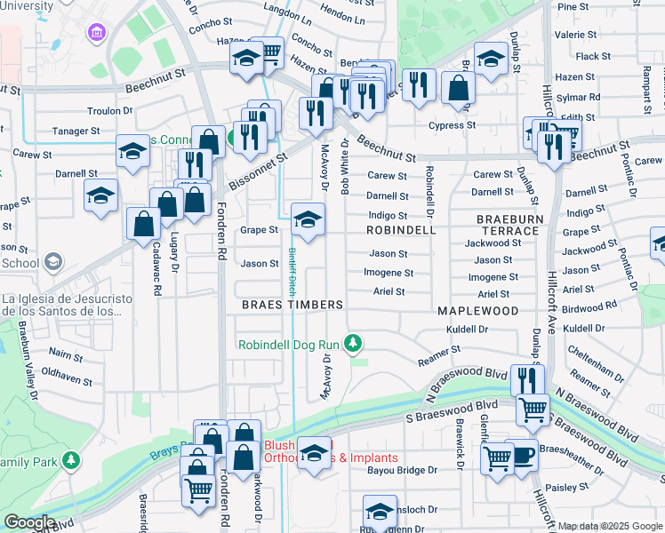 map of restaurants, bars, coffee shops, grocery stores, and more near 8807 McAvoy Drive in Houston