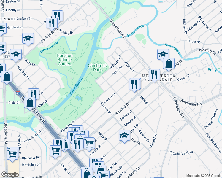 map of restaurants, bars, coffee shops, grocery stores, and more near 8250 Glenview Drive in Houston