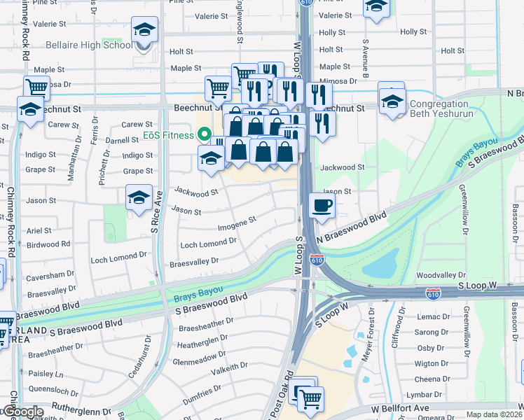 map of restaurants, bars, coffee shops, grocery stores, and more near 4810 Imogene Street in Houston