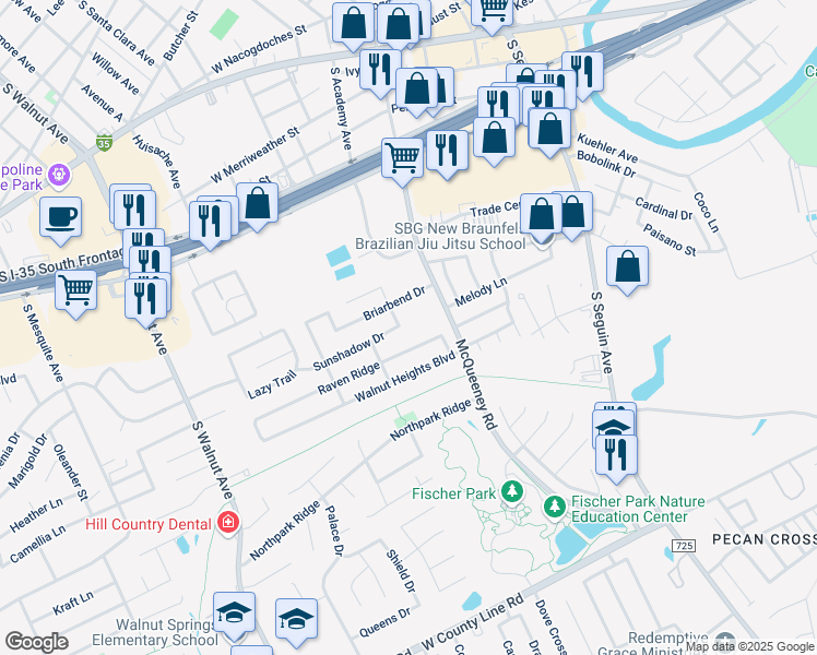 map of restaurants, bars, coffee shops, grocery stores, and more near 1881 Brockton Drive in New Braunfels