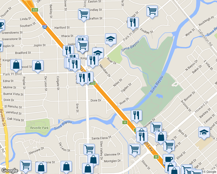 map of restaurants, bars, coffee shops, grocery stores, and more near 8115 Niles Street in Houston