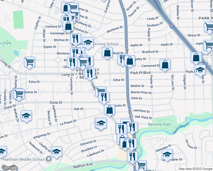map of restaurants, bars, coffee shops, grocery stores, and more near 7433 Moline Street in Houston