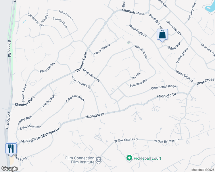 map of restaurants, bars, coffee shops, grocery stores, and more near 25718 Green River Drive in San Antonio