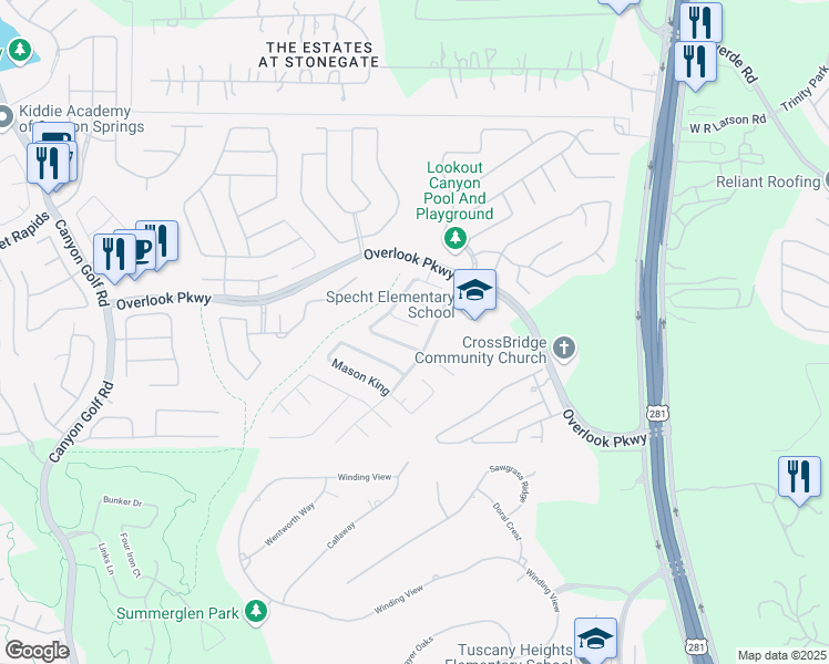 map of restaurants, bars, coffee shops, grocery stores, and more near 1730 Twilight Bluff in San Antonio