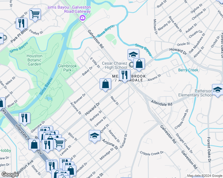 map of restaurants, bars, coffee shops, grocery stores, and more near 8417 Howard Drive in Houston