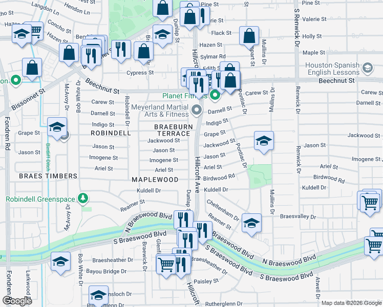 map of restaurants, bars, coffee shops, grocery stores, and more near 8805 Dunlap Street in Houston