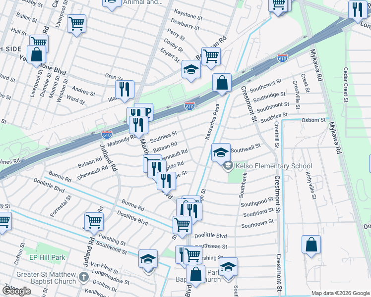 map of restaurants, bars, coffee shops, grocery stores, and more near 5425 Chennault Road in Houston