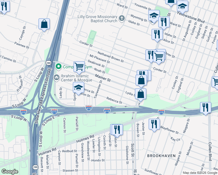 map of restaurants, bars, coffee shops, grocery stores, and more near 3706 Lydia Street in Houston