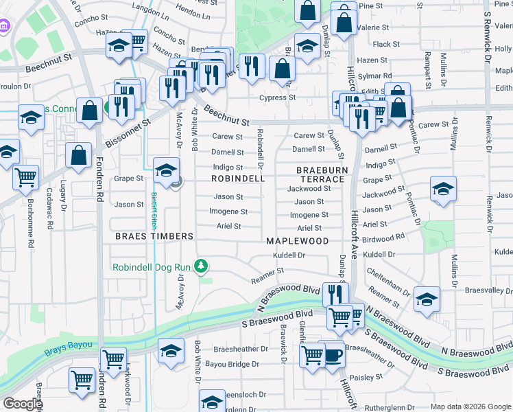 map of restaurants, bars, coffee shops, grocery stores, and more near 6120 Imogene Street in Houston