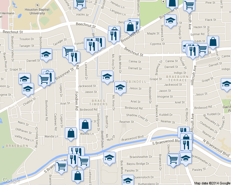 map of restaurants, bars, coffee shops, grocery stores, and more near 8807 McAvoy Drive in Houston