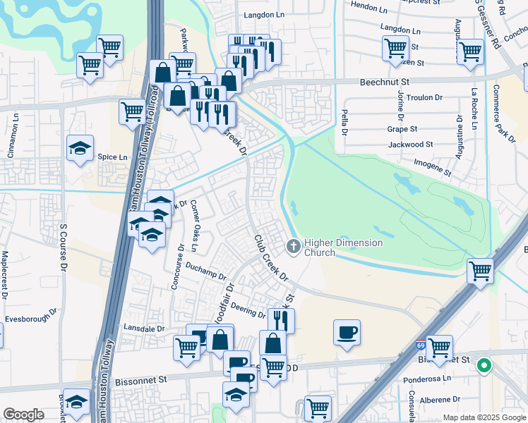 map of restaurants, bars, coffee shops, grocery stores, and more near 9950 Club Creek Drive in Houston