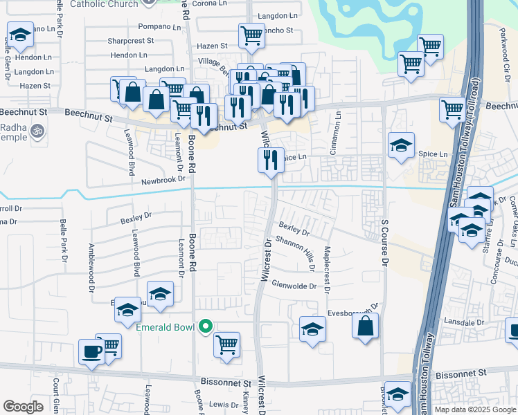 map of restaurants, bars, coffee shops, grocery stores, and more near 10920 Bexley Drive in Houston