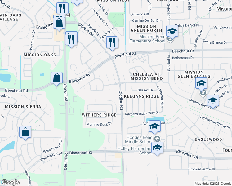 map of restaurants, bars, coffee shops, grocery stores, and more near 8323 Sonesta Point Lane in Houston