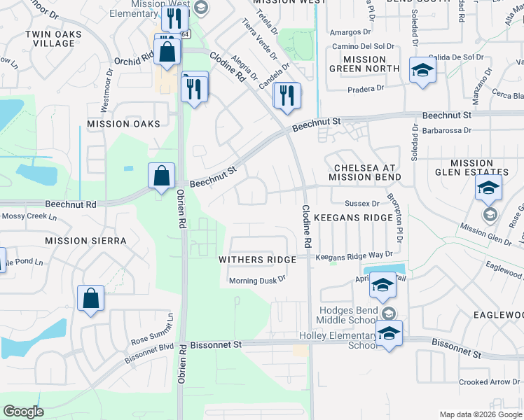 map of restaurants, bars, coffee shops, grocery stores, and more near 8918 Paladora Park in Houston