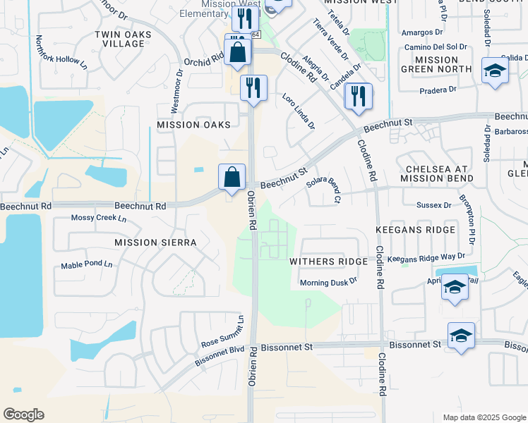 map of restaurants, bars, coffee shops, grocery stores, and more near 8103 Solara Bend in Houston