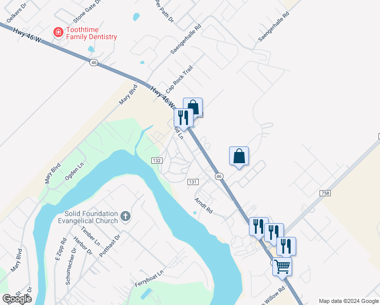 map of restaurants, bars, coffee shops, grocery stores, and more near 1492 Cloud Lane in New Braunfels