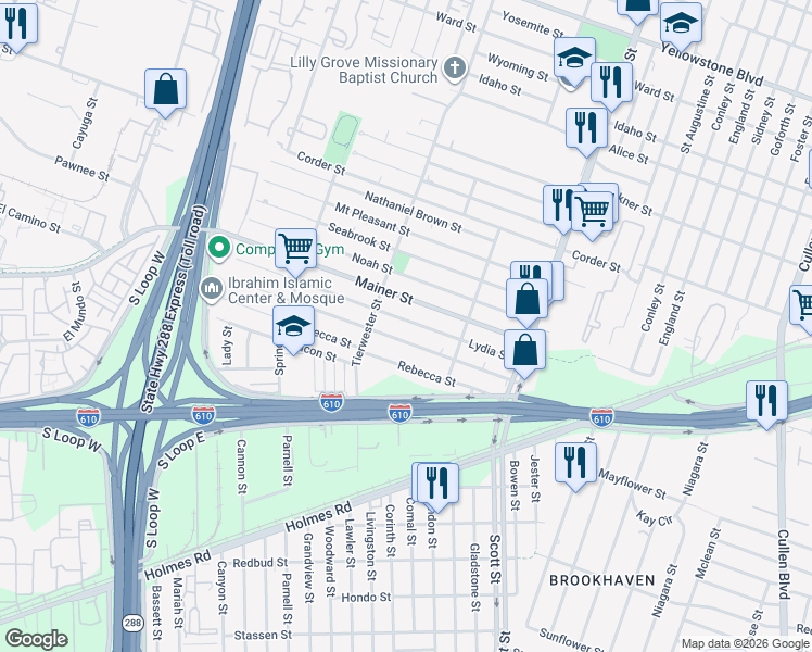 map of restaurants, bars, coffee shops, grocery stores, and more near 3706 Lydia Street in Houston