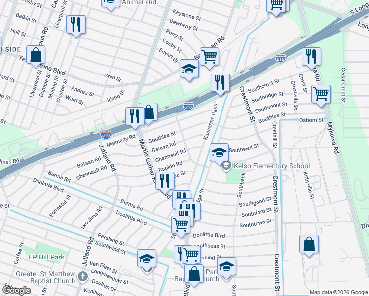 map of restaurants, bars, coffee shops, grocery stores, and more near 5425 Chennault Road in Houston