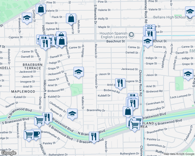 map of restaurants, bars, coffee shops, grocery stores, and more near 5474 Imogene Street in Houston