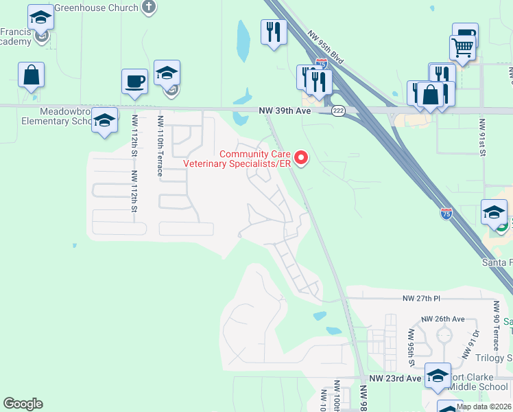 map of restaurants, bars, coffee shops, grocery stores, and more near 10576 Northwest 32nd Road in Gainesville