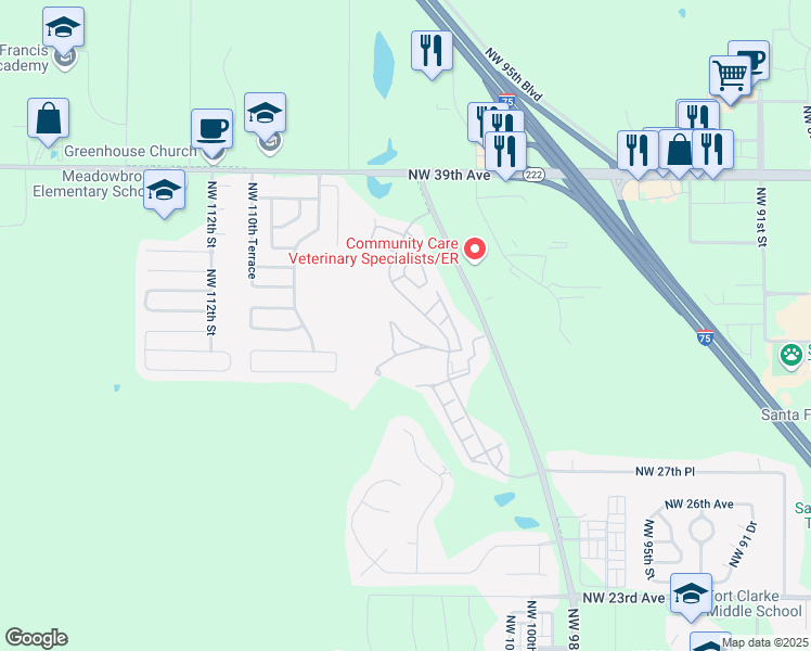 map of restaurants, bars, coffee shops, grocery stores, and more near 10576 Northwest 32nd Road in Gainesville