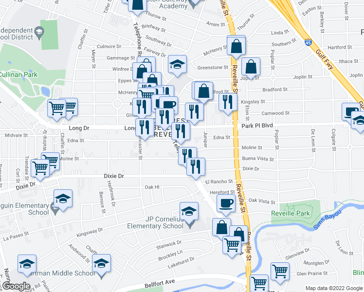 map of restaurants, bars, coffee shops, grocery stores, and more near 5631 Telephone Road in Houston