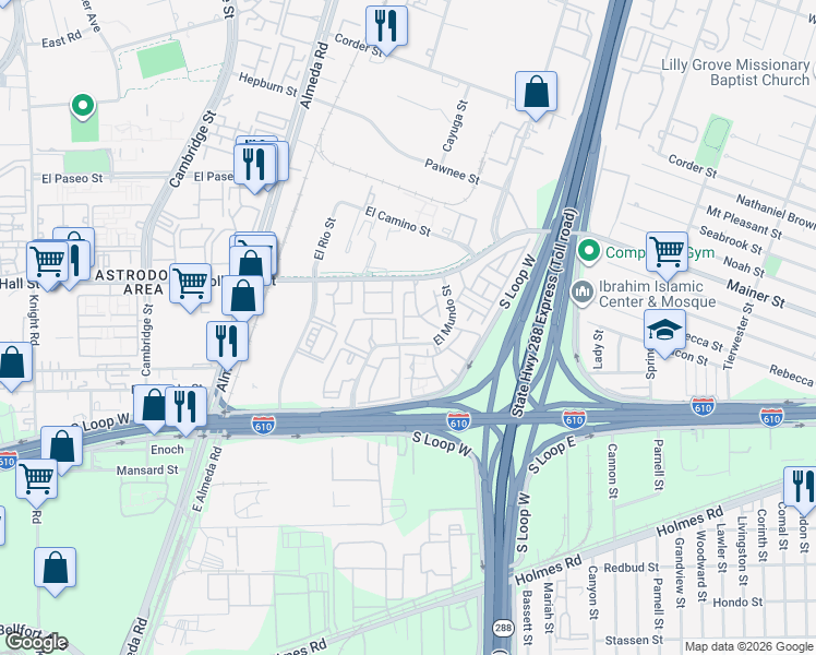map of restaurants, bars, coffee shops, grocery stores, and more near 8383 El Mundo Street in Houston