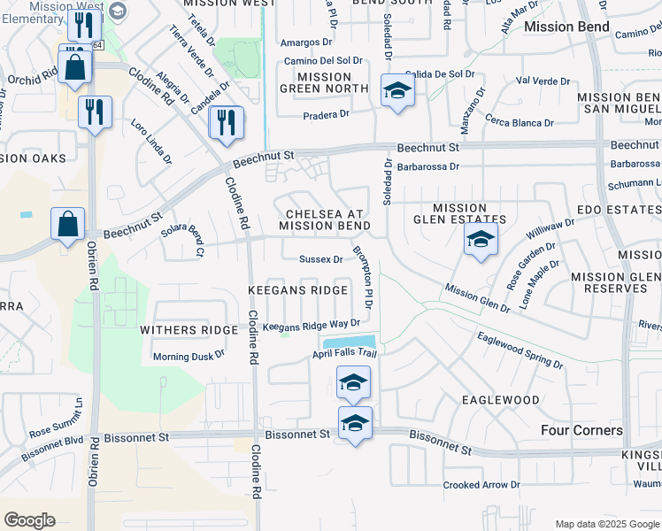 map of restaurants, bars, coffee shops, grocery stores, and more near 16618 Seminary Ridge Lane in Houston