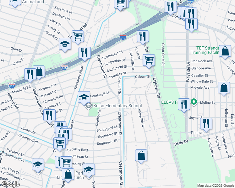map of restaurants, bars, coffee shops, grocery stores, and more near 5943 Southmund Street in Houston