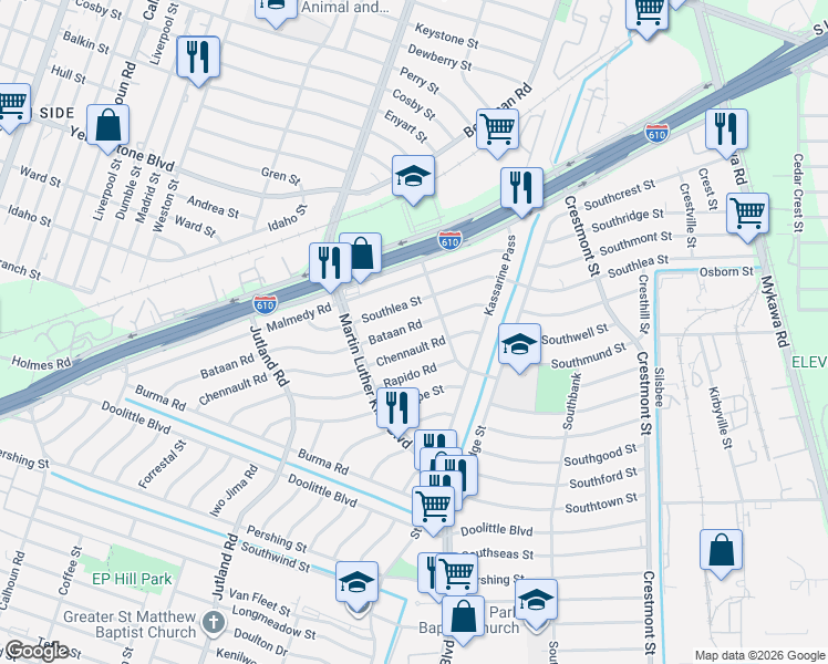 map of restaurants, bars, coffee shops, grocery stores, and more near 5330 Bataan Road in Houston