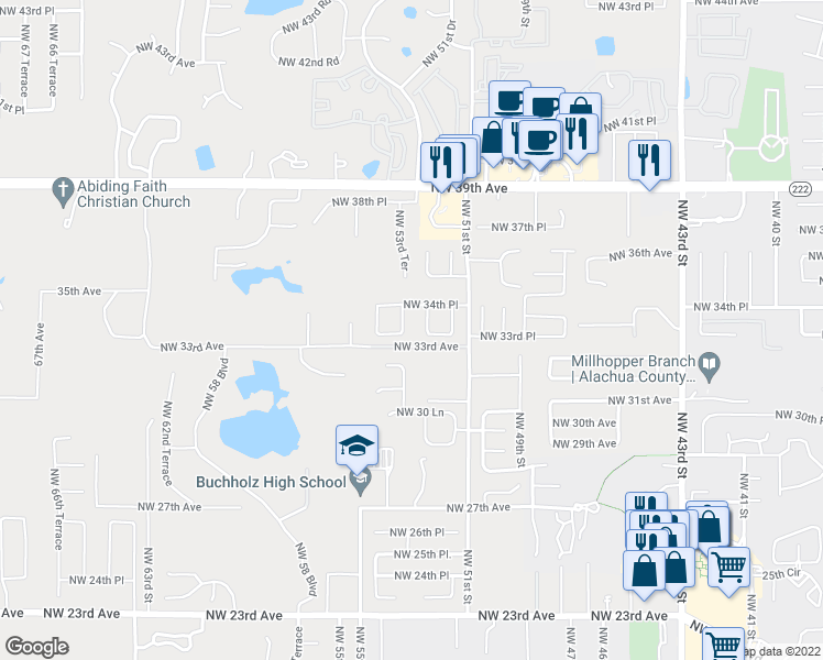 map of restaurants, bars, coffee shops, grocery stores, and more near 3321 Northwest 53 Terrace in Gainesville