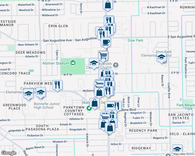 map of restaurants, bars, coffee shops, grocery stores, and more near 206 W P St in Deer Park