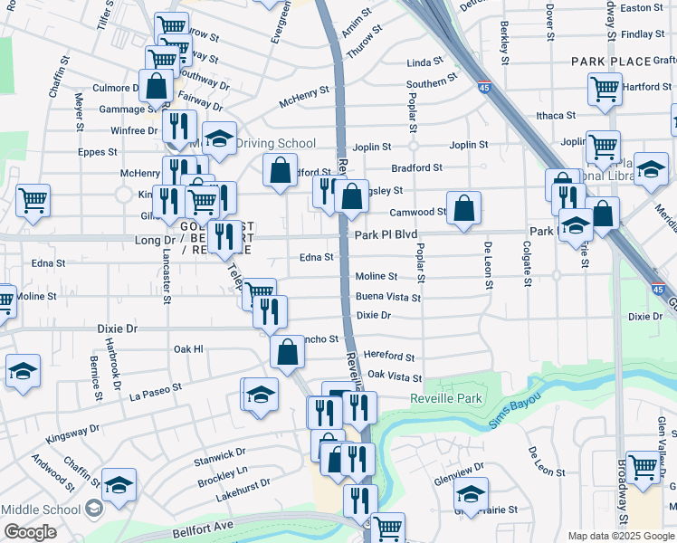 map of restaurants, bars, coffee shops, grocery stores, and more near 7546 Moline Street in Houston