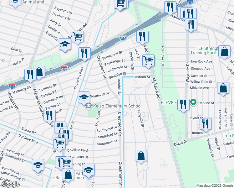 map of restaurants, bars, coffee shops, grocery stores, and more near 5943 Southmund Street in Houston