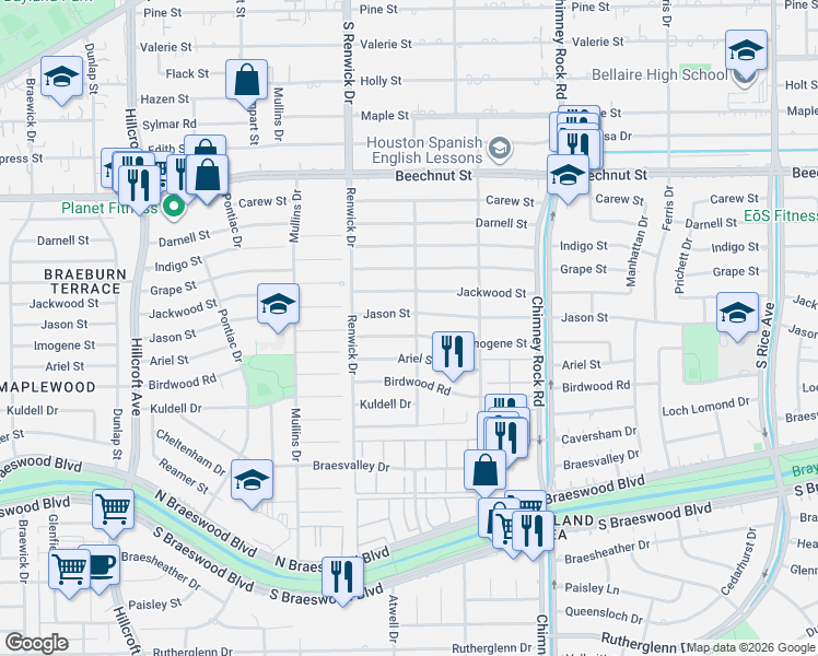 map of restaurants, bars, coffee shops, grocery stores, and more near 5451 Imogene Street in Houston