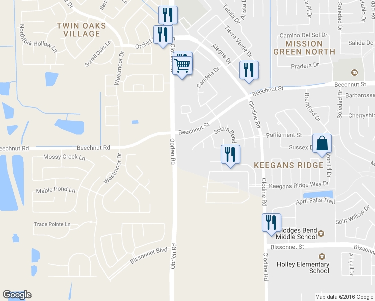 map of restaurants, bars, coffee shops, grocery stores, and more near 8103 Solara Bend in Houston